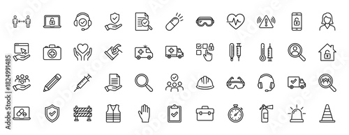 Medical, safety, and security line icon set. Vector pictograms of ambulance, thermometer, shield, and fire extinguisher, thin linear illustration.