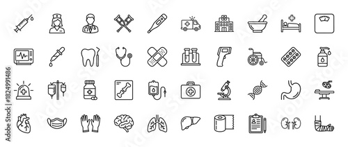 Medical and healthcare line icon set. Vector pictograms of syringe, ambulance, brain, heart, and stethoscope, thin linear illustration.