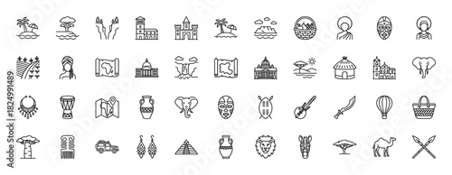 Africa travel and culture line icon set. Vector pictograms of elephant, pyramid, baobab tree, mask, and drum, thin linear illustration.