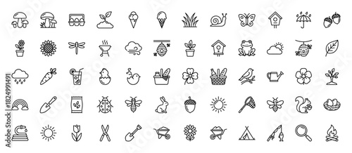 Spring and gardening line icon set. Vector pictograms of flower, sun, leaf, bird, insect, farming tools, camping tent and plants, thin linear illustration.