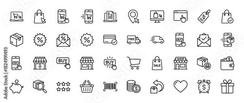 E-commerce line icon set. Vector pictograms of shopping cart, bag, delivery truck, credit card, discount tag, wallet, store, and gift box, thin linear illustration.