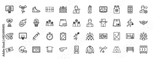 Basketball line icon set. vector pictograms of a court, ball, whistle, scoreboard, and player, thin linear illustration.