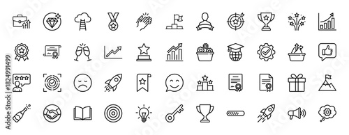 Business success line icon set. Vector pictograms of trophy, medal, rocket, target, handshake, certificate, chart, ladder and diamond, thin linear illustration.