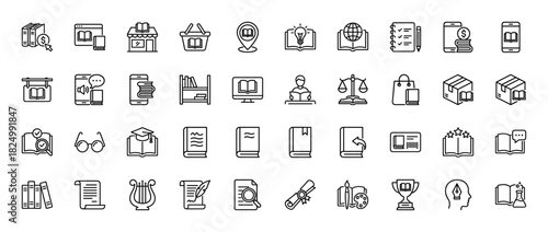 Literature and education line icon set. Vector pictograms of book, library, study, graduation cap, diploma, science and knowledge symbols, thin linear illustration.
