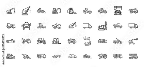 Construction and heavy machinery line icon set. Vector pictograms of excavator, dump truck, crane, bulldozer, and mixer, thin outline illustration.