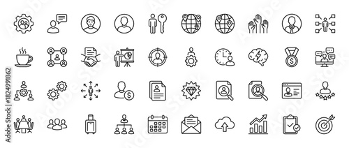 Human resources line icon set. Vector pictograms of resume, handshake, meeting, target, gear, calendar, checklist, briefcase and people, thin linear illustration.