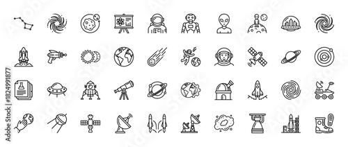 Space and astronomy line icon set. Vector pictograms of an astronaut, satellite, rocket, galaxy, and planets, thin linear illustration.