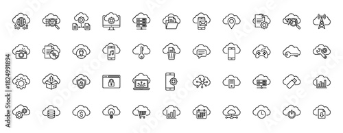 Technology and cloud computing line icon set. Vector pictograms of server, security, data, mobile, and network services, thin linear illustration.