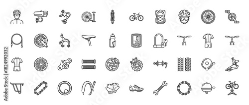 Bicycle accessories and equipment line icon set. Vector pictograms of components, gear, clothing, and tools, thin linear illustration.