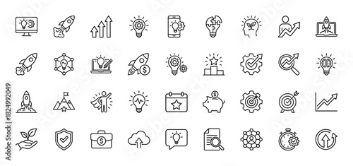Startup and business development line icon set. Vector pictograms of growth chart, lightbulb, rocket, target, and handshake, thin linear illustration.