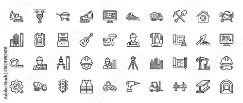 Construction and engineering line icon set. vector pictograms of heavy machinery, tools, and architects, thin linear illustration.