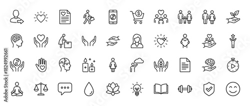 Wellness and life balance line icon set. Vector pictograms of heart, brain, family, health, meditation, and commerce, thin linear illustration.
