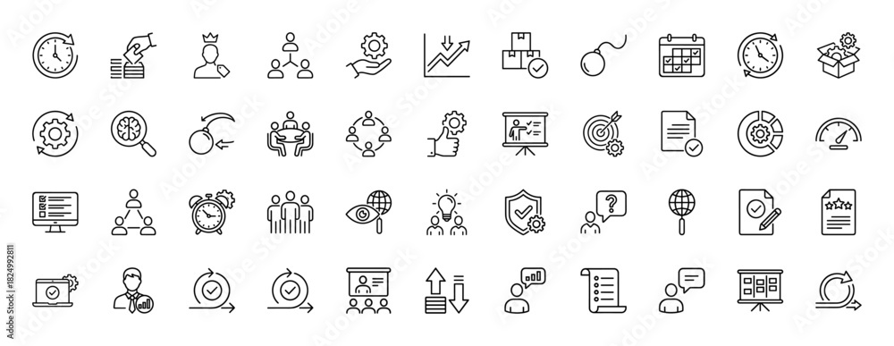 Obraz premium Business and management line icon set. Vector pictograms of clock, team, target, strategy, calendar, and delivery, thin linear illustration.