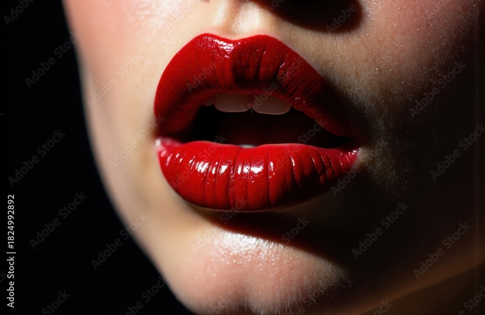 Obraz premium Woman with red lipstick in an intense close up of lips and lighting and shadows