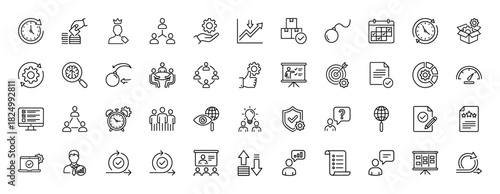 Business and management line icon set. Vector pictograms of clock, team, target, strategy, calendar, and delivery, thin linear illustration.