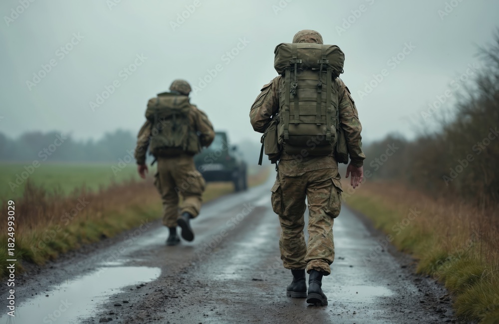 Obraz premium Two soldiers march on a wet rural road carrying large backpacks. A military vehicle follows behind them through a field. They wear camouflage uniforms in overcast weather.