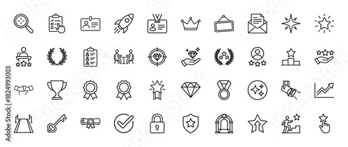 Business award and achievement line icon set. vector pictograms of crown, trophy, medal, and certificate, thin linear illustration.