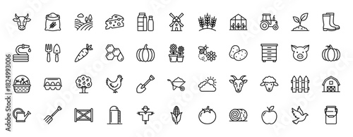 Agriculture and farming line icon set. Vector pictograms of livestock, crops, equipment, and structures, thin linear illustration.