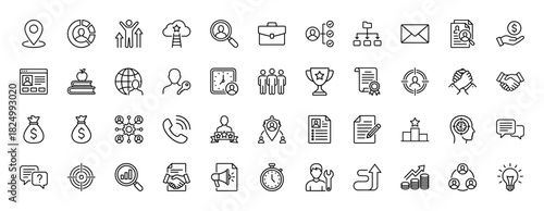 Human resources and business line icon set. Vector pictograms of teamwork, management, target, and success, thin linear illustration.