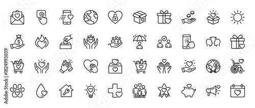 Charity and donation line icon set. Vector pictograms of hands with hearts, gift box, money, and global assistance, thin linear illustration.