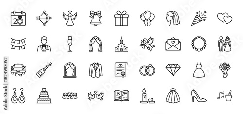 Wedding line icon set. Vector pictograms of bride, groom, rings, cake, dress, church, bouquet, champagne, heart and love letter, thin linear illustration.