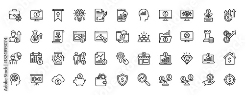 Finance and business line icon set. Vector pictograms of growth charts, investment, market analysis, and digital banking, thin linear illustration.