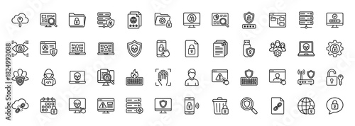 Cybersecurity line icon set. Vector pictograms of data protection, server security, password, network, and firewall, thin linear illustration.