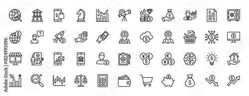 Finance and business line icon set. vector pictograms of investment, money, charts, and banking, thin linear illustration.