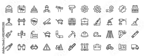 Construction and maintenance line icon set. Vector pictograms of tools, safety equipment, and building instruments, thin linear illustration.
