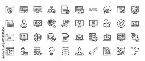 Software development and programming line icon set. vector pictograms of coding, database, security, and networking, thin linear illustration.