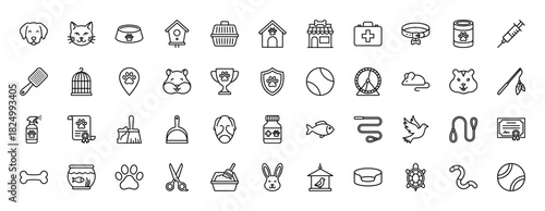 Pet care line icon set. Vector pictograms of dog, cat, rabbit, birdhouse, cage, syringe, leash, and bowl, thin outline illustration.