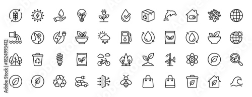 Ecology and sustainability line icon set. Vector pictograms of wind turbine, water drop, electric car, and recycling, thin linear illustration.