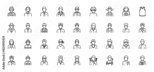 People and occupations line icon set. Vector pictograms of soldier, police, chef, doctor, and construction worker, thin linear illustration.