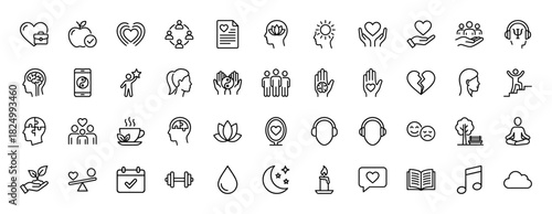 Mental health and self-care line icon set. Vector pictograms of heart, brain, meditation, yoga, and balance, thin linear illustration.