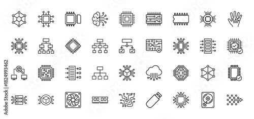 Technology line icon set. Vector pictograms of microchips, data, network, and processor components, thin linear illustration.