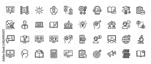 Education and online learning line icon set. Vector pictograms of book, graduation, laptop, school, teacher, brain, microscope, calculator, thin linear illustration.