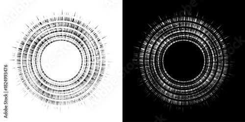 Dynamic abstract spiral sound wave rhythm lines. Circular spiral sound wave rhythm of lines. Circular futuristic abstract lines, black and white background.	
