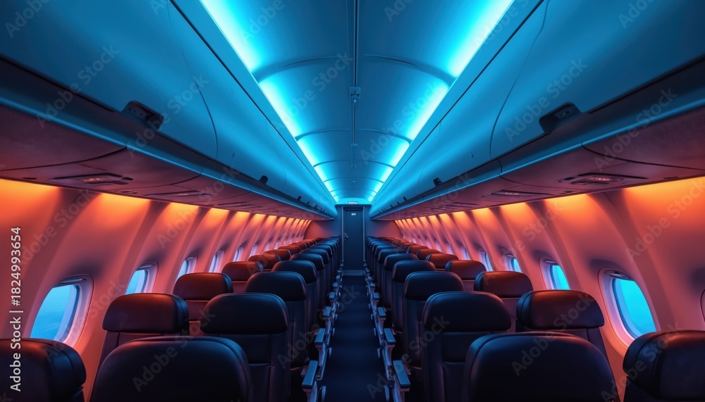 Fototapeta premium Empty airplane cabin with rows of seats. Blue and orange lights illuminate the aisle and windows. Modern aircraft interior ready for passenger boarding.