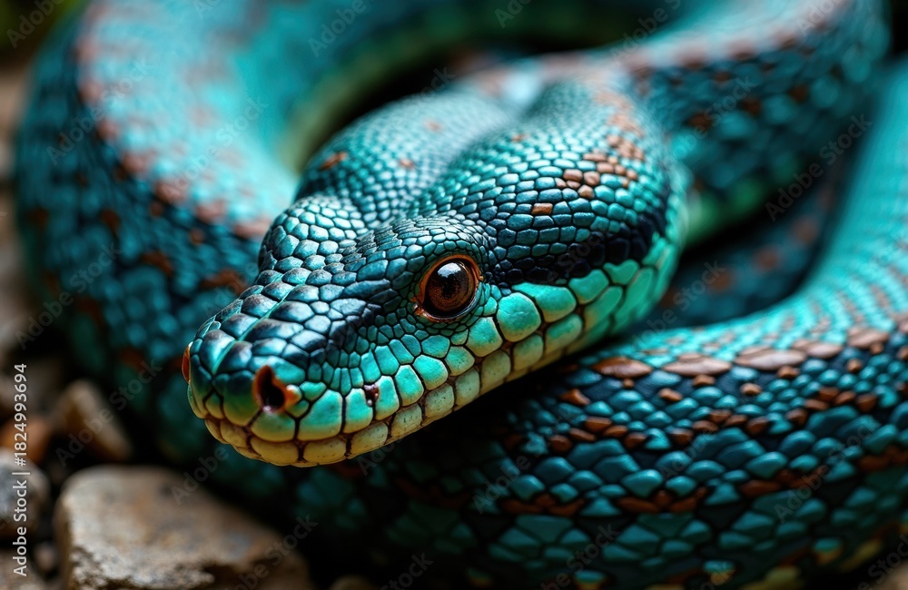 Obraz premium Snake close-up shows turquoise scales and a focused gaze in vivid detail