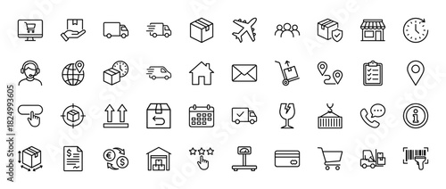 Logistics and delivery line icon set. Vector pictograms of shipping, tracking, warehouse, and e-commerce concepts, thin linear illustration.