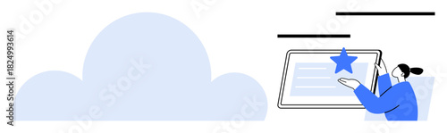 Woman using tablet with highlighted starred content next to cloud shape. Ideal for cloud computing, digital tools, technology, data storage, online services, productivity, innovation. Simple flat