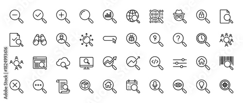 Search and optimization line icon set. Vector pictograms of magnifying glass, analysis, data, security, and settings, thin linear illustration.