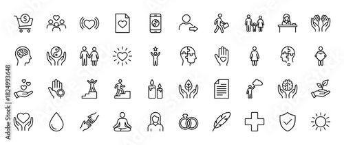 Lifestyle and wellness outline icon set. Vector pictograms of heart, brain, family, meditation, and balance, thin linear illustration.