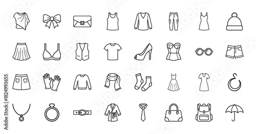 Apparel and accessories line icon set. Vector pictograms of dresses, shoes, bags, hats, and jewelry, thin linear illustration.