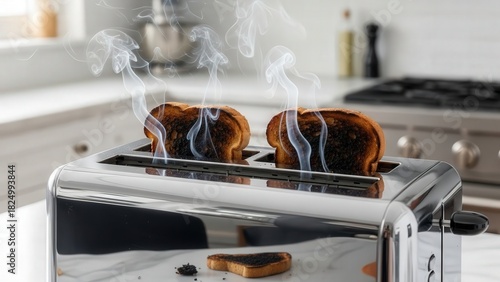 Toasted bread smoking in a silver toaster on kitchen countertop  