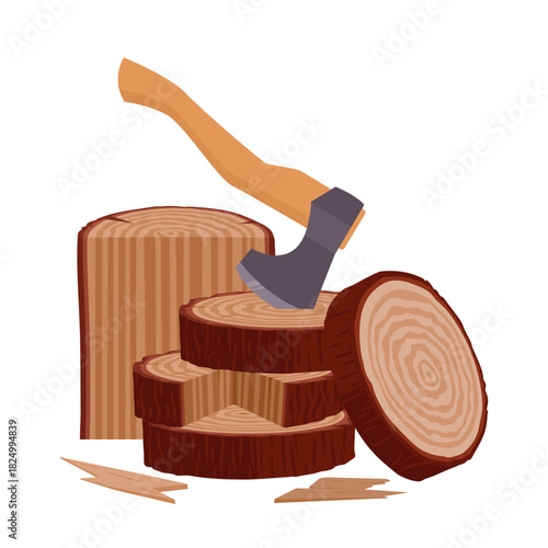 Cartoon wooden logs with ax. Lumberjack workplace, wood chopping, firewood wooden logs flat vector background illustration. Stacked woodwork on white background