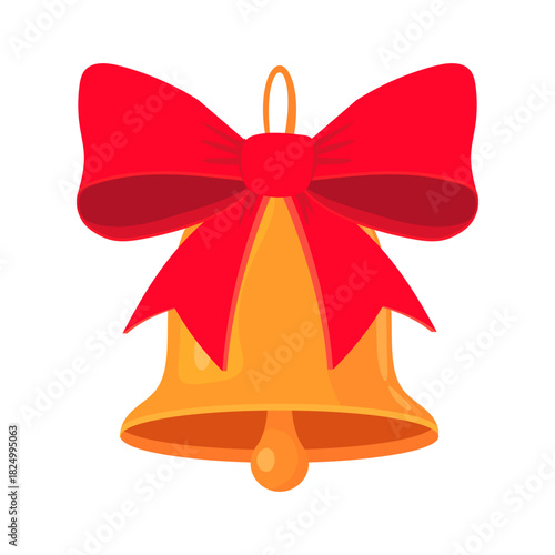 Christmas bell. Cartoon xmas festive fir tree decorations, golden bell with red bow flat vector illustration. Winter holiday xmas tree decor