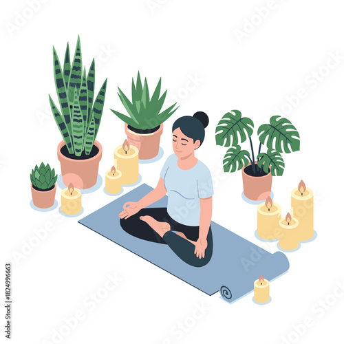 Woman meditating surrounded by houseplants and burning candles in a peaceful, isometric illustration.