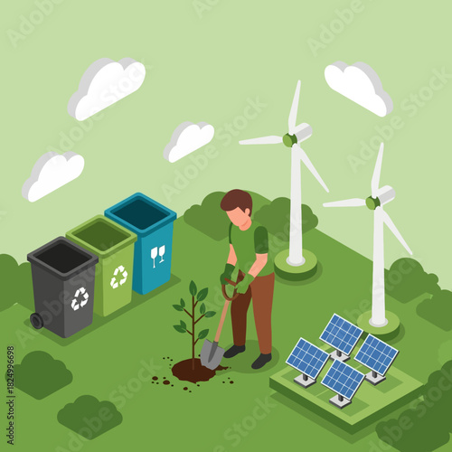 Sustainable environment concept featuring planting, renewable energy sources, and proper recycling bins.