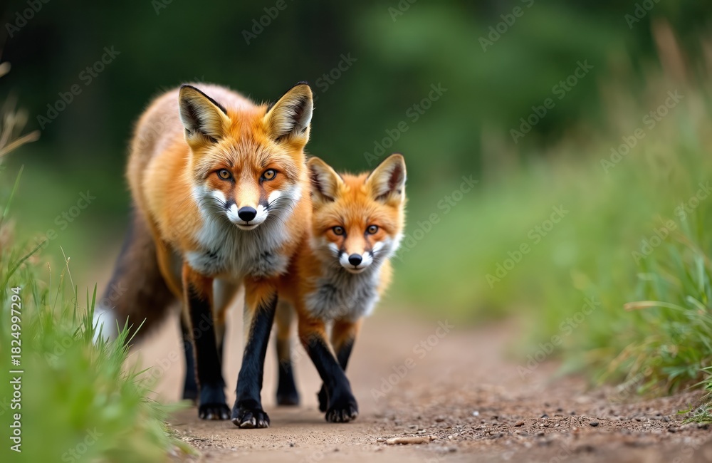 Obraz premium Mother and baby red fox walk on dirt path in forest. Adult fox with young cub explore nature, looking ahead. Wild animals in habitat, green grass blurred background.